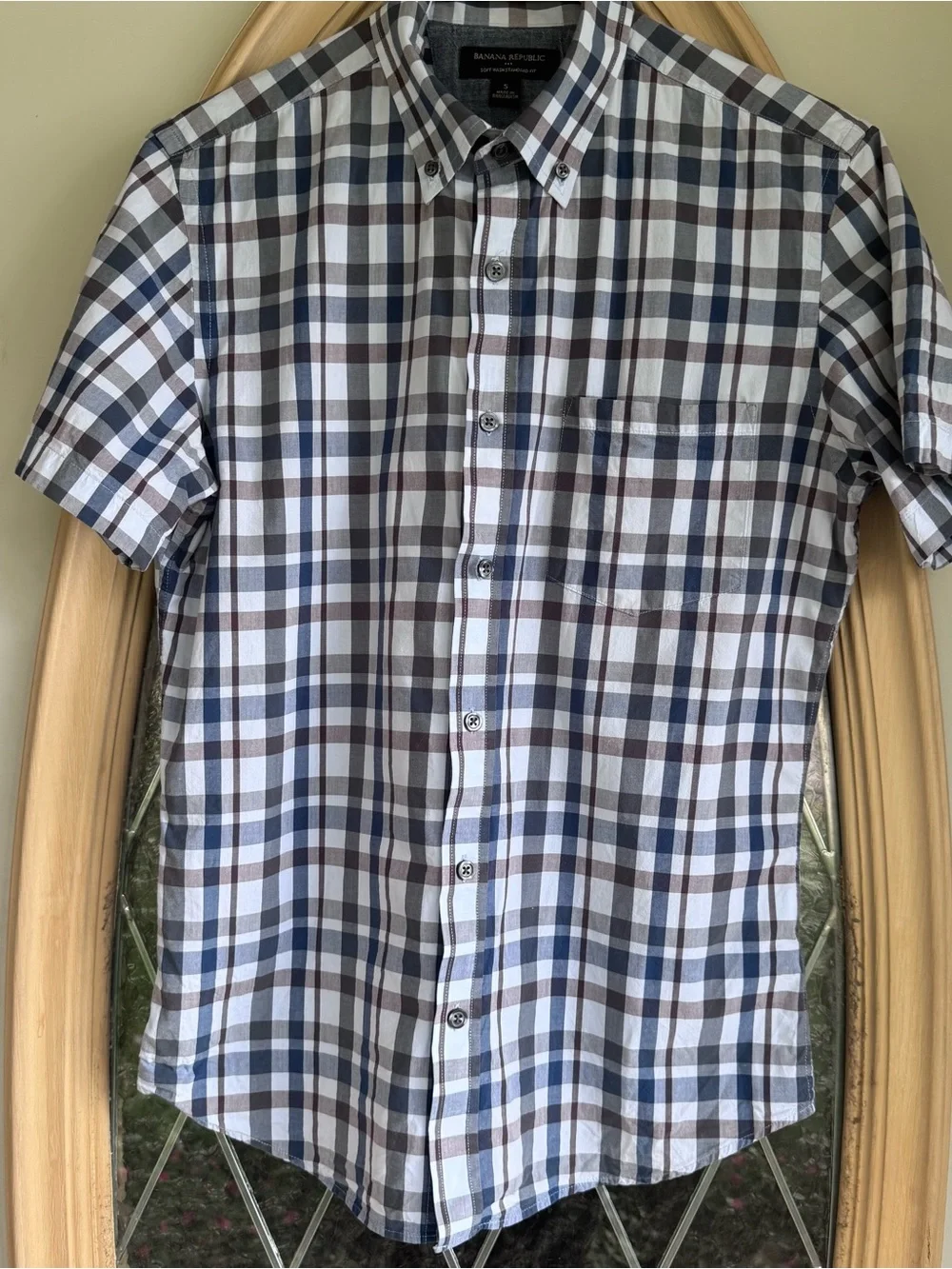 Banana Republic Short-Sleeve Plaid Button-Down Shirt - White, Blue, Brown